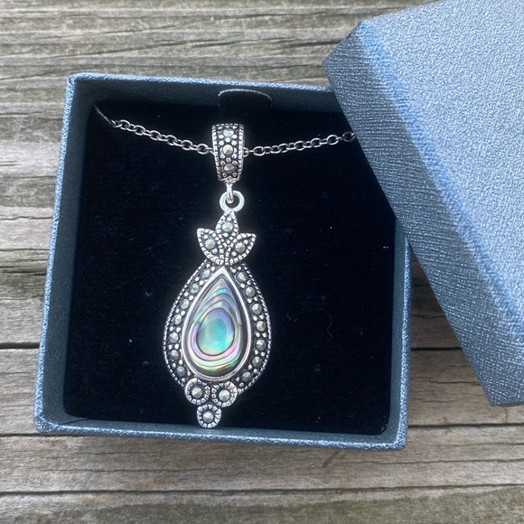 Abalone marcasite silver plated necklace new in box - Picture 8 of 10